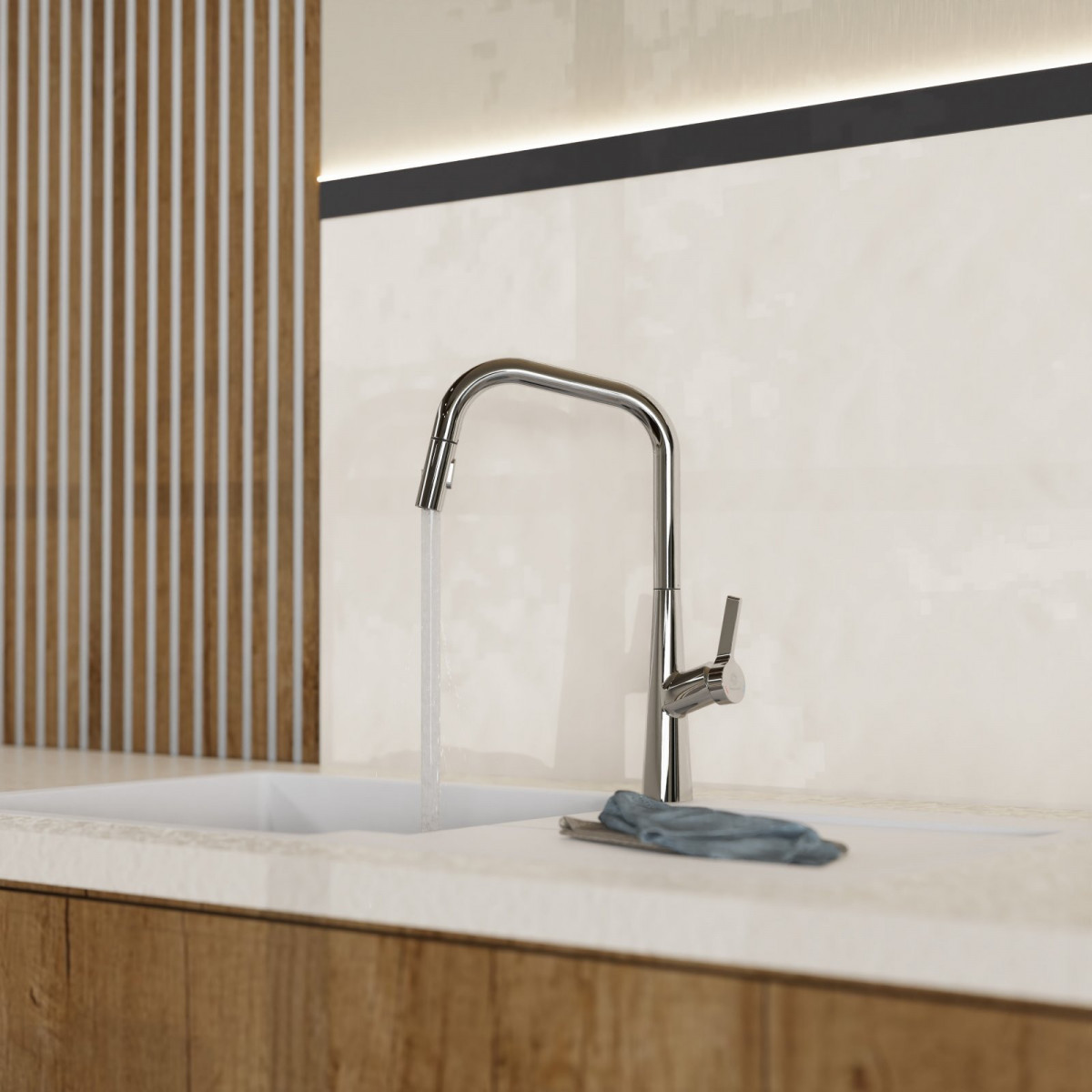 WK 9 Edge in chrome, Kitchen Faucet with edged spout and pull-down spray