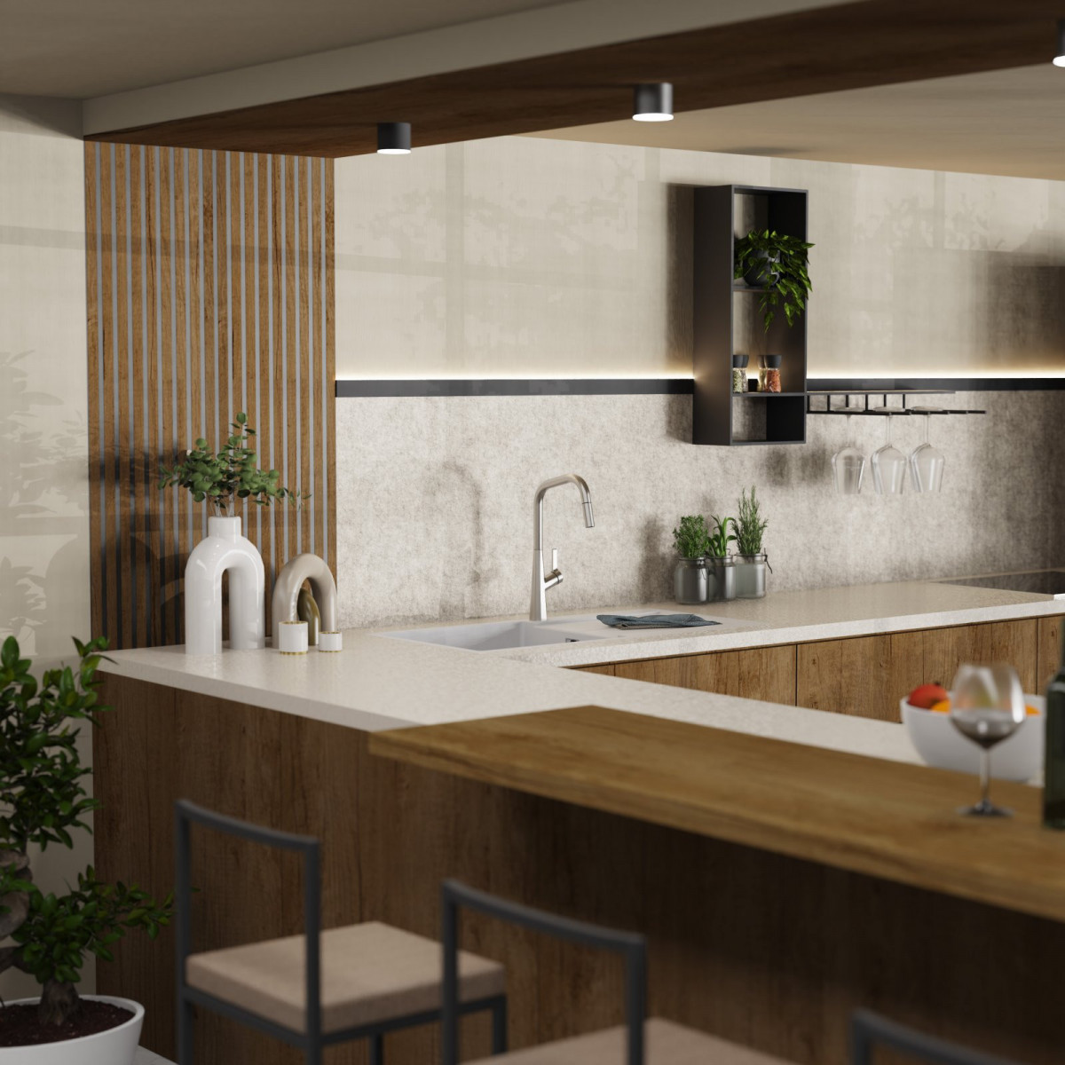 WK 9 Edge in stainless steel look, Kitchen Faucet with edged spout and pull-down spray