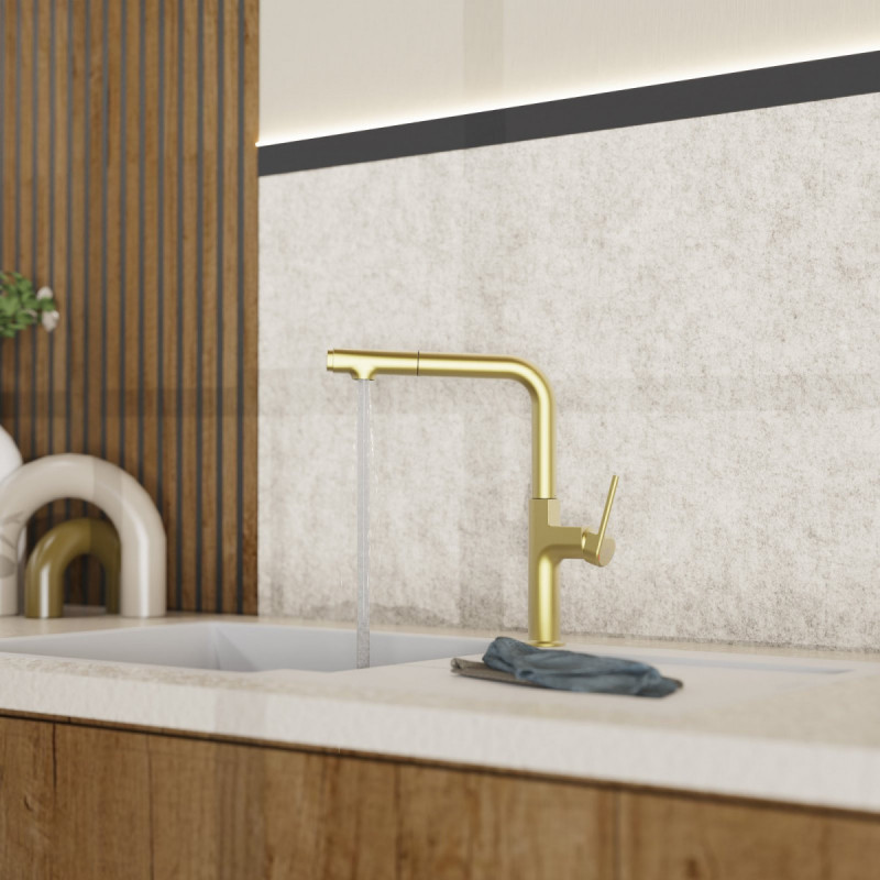 WK 11 in gold look, Kitchen Faucet with straight spout and pull-out spray