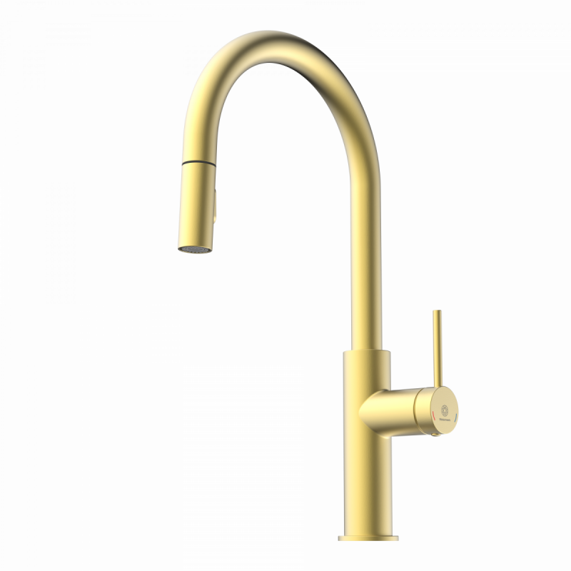 WK 13 Sphere in gold look, Kitchen Faucet with arched spout and pull-down spray