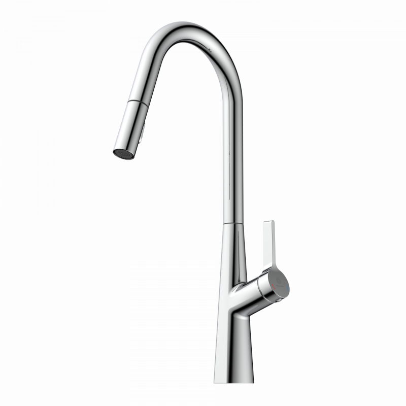 WK 9 Curve in chrome, Kitchen Faucet with curved spout and pull-down spray