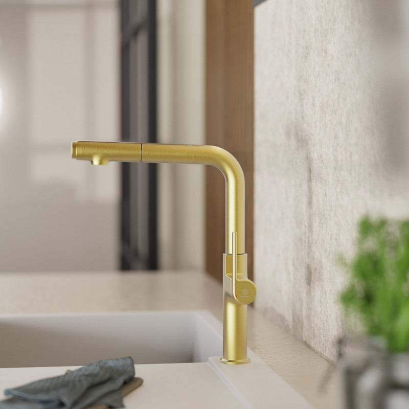 WK 11 in gold look, Kitchen Faucet with straight spout and pull-out spray