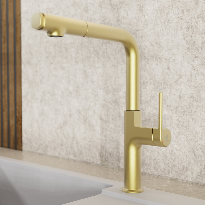 WK 11 in gold look, Kitchen Faucet with straight spout and pull-out spray