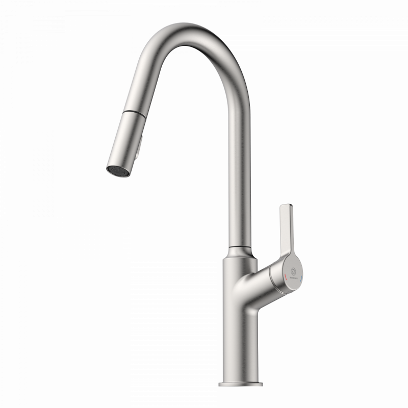 WK 12 in stainless steel look, Kitchen Faucet with curved spout and pull-down spray