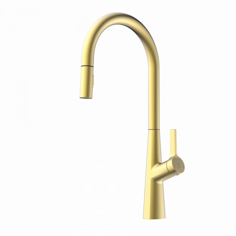 WK 9 Sphere in gold look, Kitchen Faucet with arched spout and pull-out spray