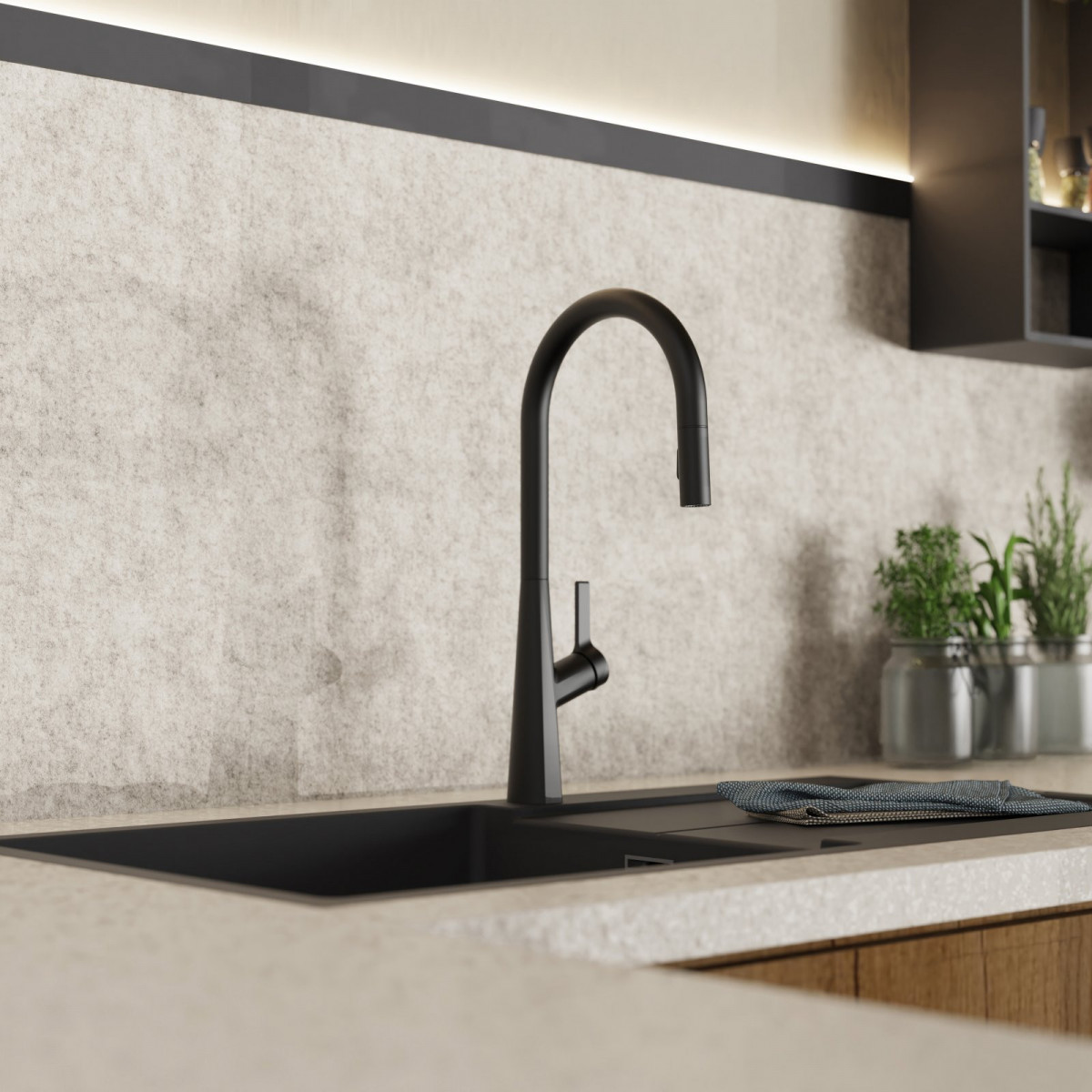 WK 9 Sphere in black, Kitchen Faucet with arched spout and pull-out spray