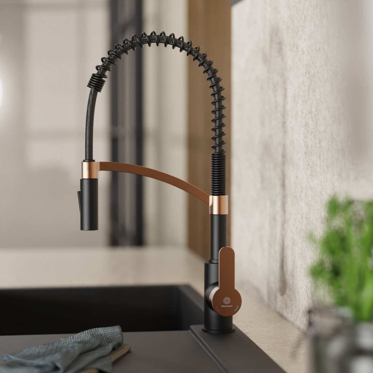 WK 3 in black/rosegold, Kitchen Faucet with innovative spiral spring design
