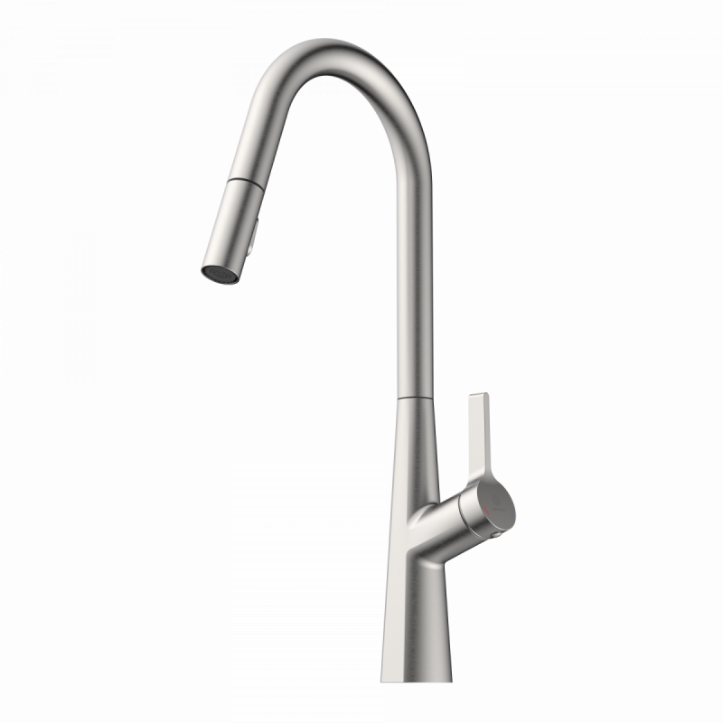 WK 9 Curve in stainless steel look, Kitchen Faucet with curved spout and pull-down spray