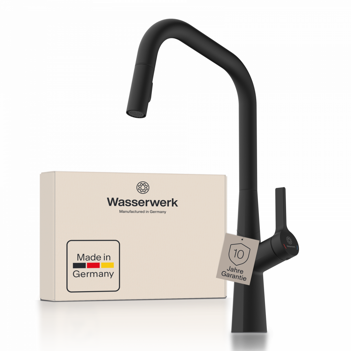 WK 9 Edge in black, Kitchen Faucet with edged spout and pull-down spray