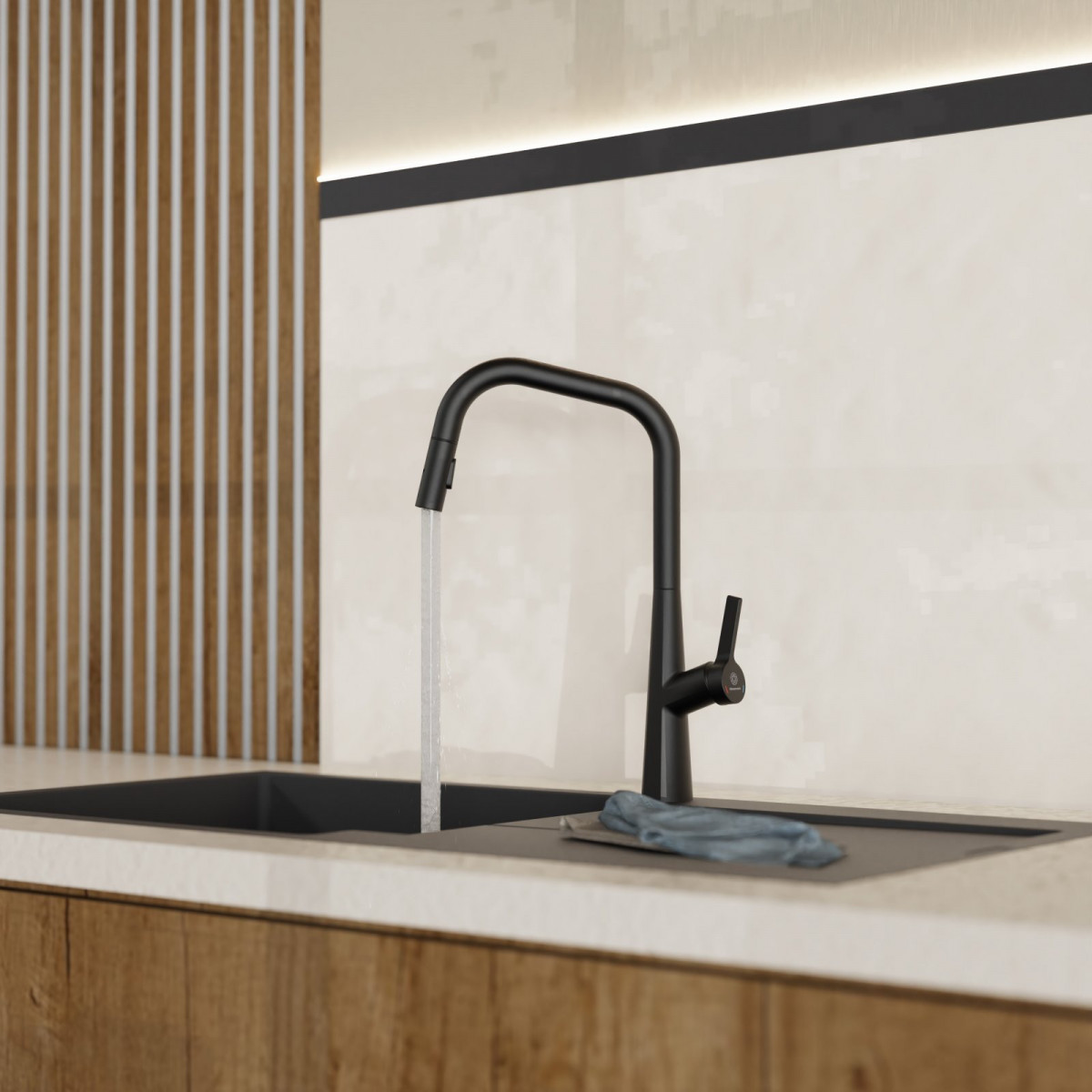 WK 9 Edge in black, Kitchen Faucet with edged spout and pull-down spray