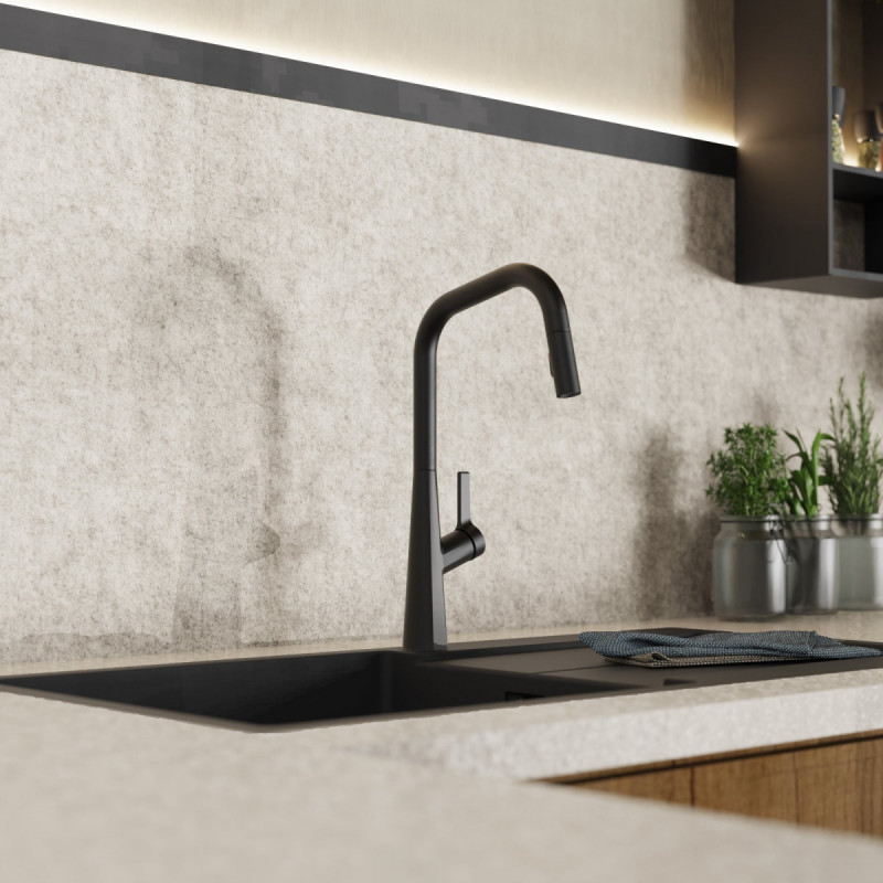 WK 9 Edge in black, Kitchen Faucet with edged spout and pull-down spray