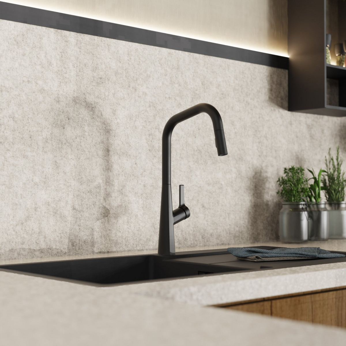WK 9 Edge in black, Kitchen Faucet with edged spout and pull-down spray