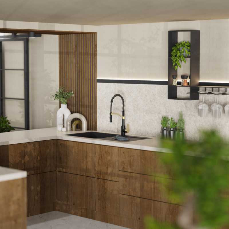 WK 3 in Schwarz/Gold, Küchenarmatur mit innovativem Spiralfeder-Design