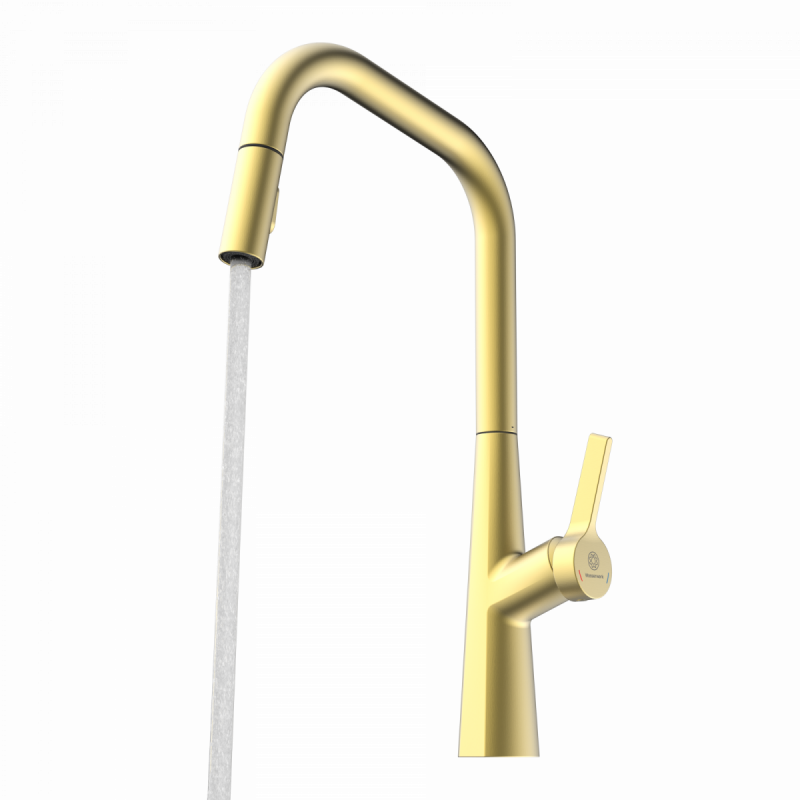 WK 9 Edge in gold look, Kitchen Faucet with edged spout and pull-down spray