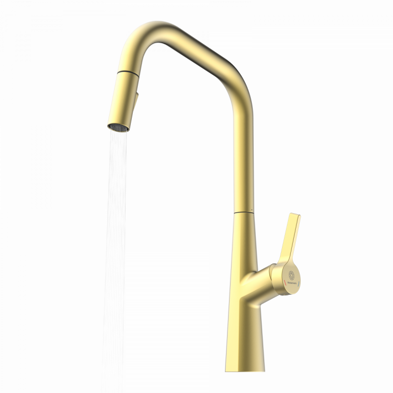 WK 9 Edge in gold look, Kitchen Faucet with edged spout and pull-down spray