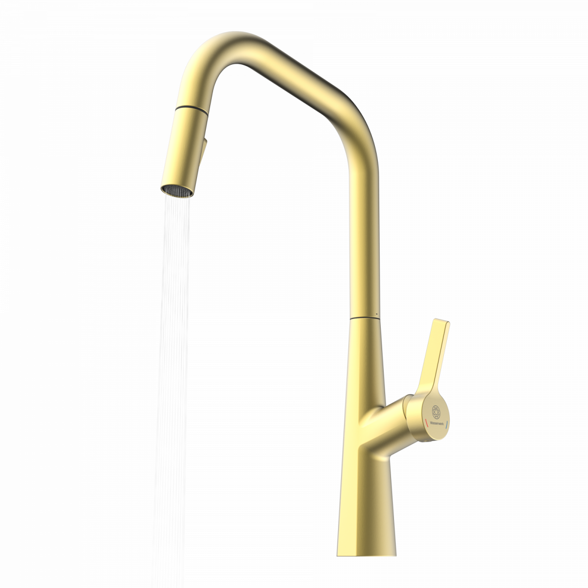 WK 9 Edge in gold look, Kitchen Faucet with edged spout and pull-down spray