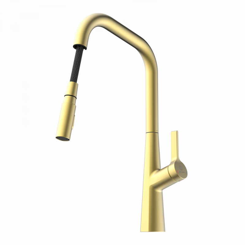 WK 9 Edge in gold look, Kitchen Faucet with edged spout and pull-down spray