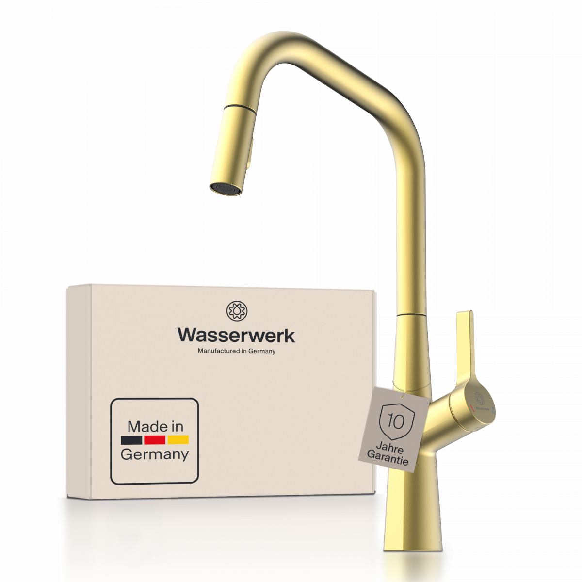 WK 9 Edge in gold look, Kitchen Faucet with edged spout and pull-down spray
