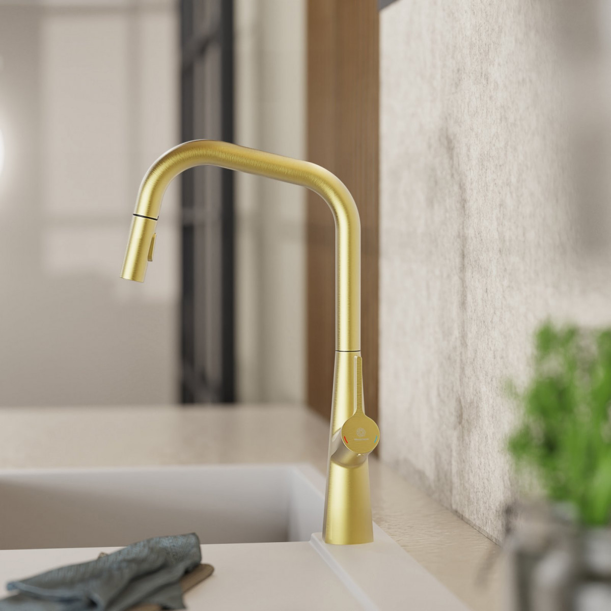 WK 9 Edge in gold look, Kitchen Faucet with edged spout and pull-down spray