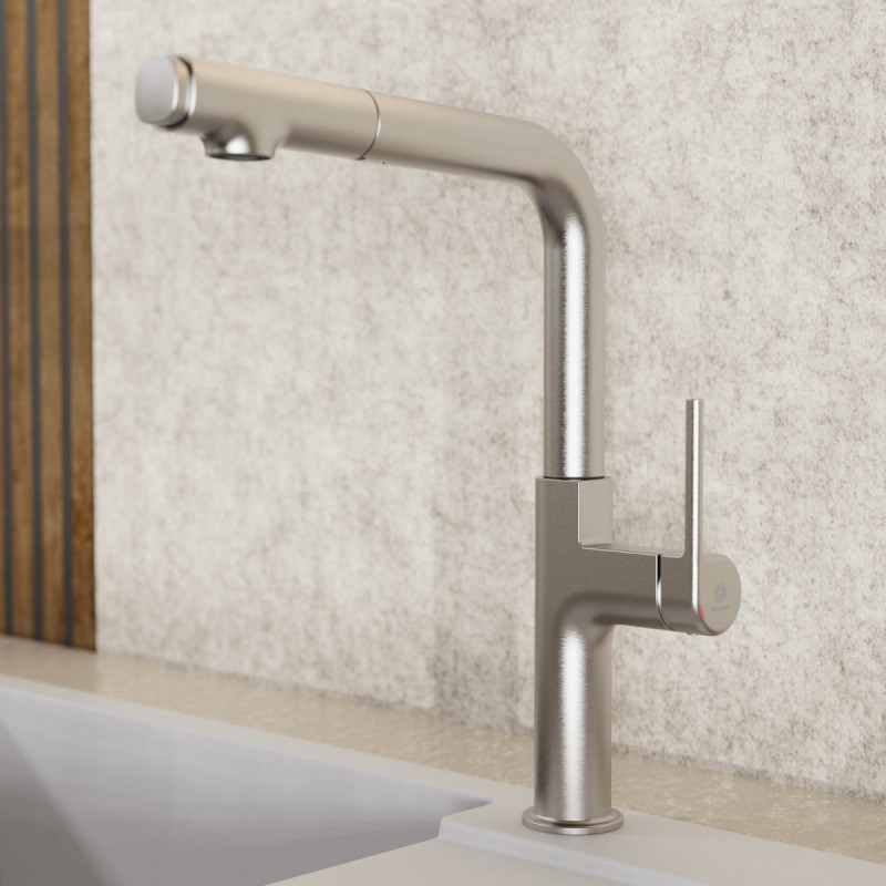 WK 11 in stainless steel look, Kitchen Faucet with straight spout and pull-out spray