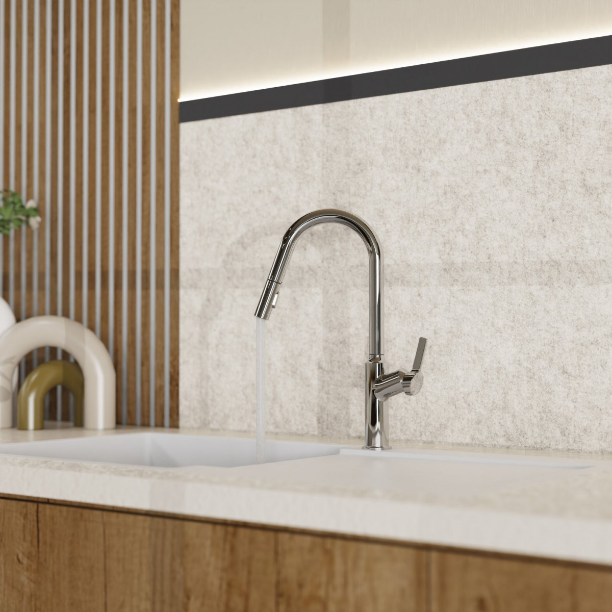 WK 12 in chrome, Kitchen Faucet with curved spout and pull-down spray