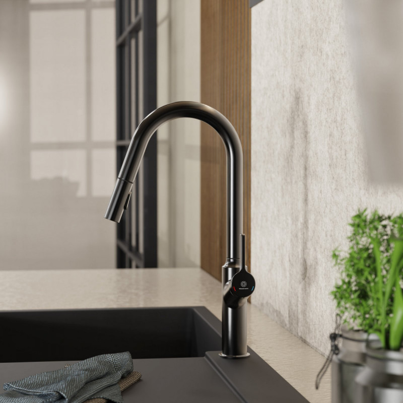 WK 12 in matte graphite, Kitchen Faucet with curved spout and pull-down spray