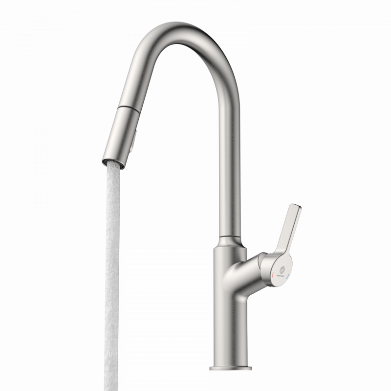 WK 12 in stainless steel look, Kitchen Faucet with curved spout and pull-down spray