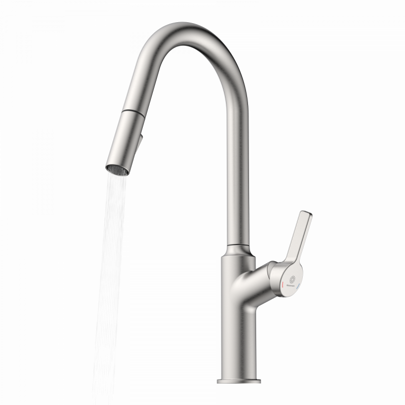 WK 12 in stainless steel look, Kitchen Faucet with curved spout and pull-down spray