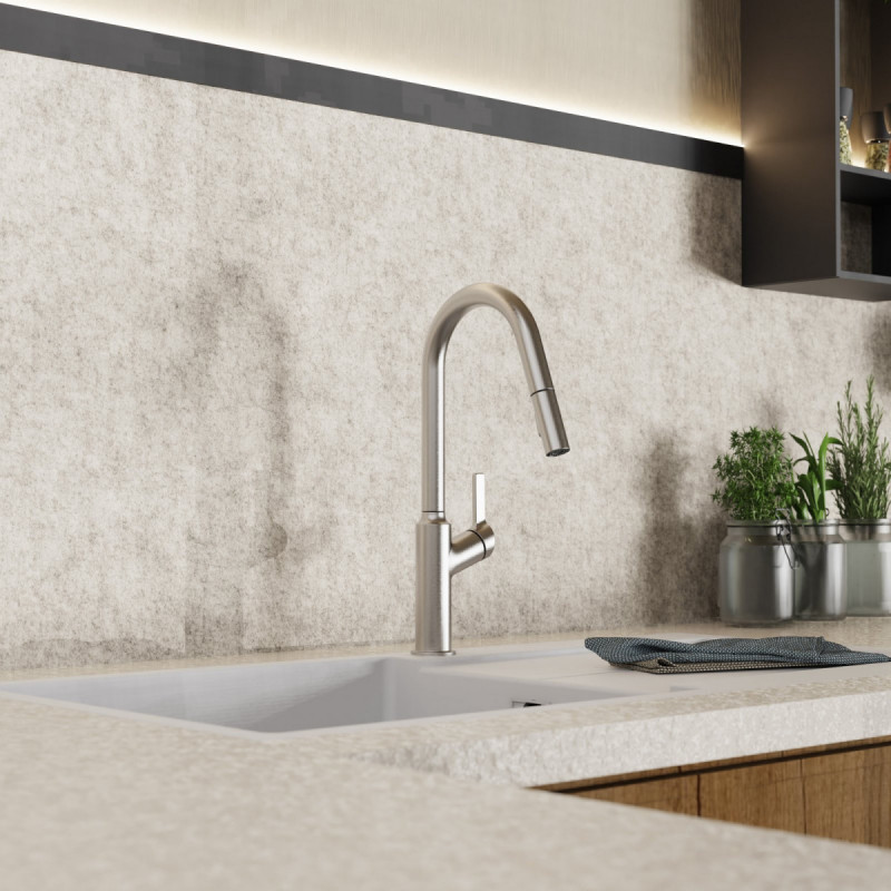 WK 12 in stainless steel look, Kitchen Faucet with curved spout and pull-down spray