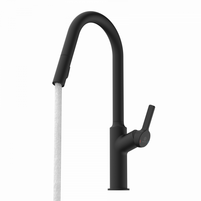 WK 12 in black, Kitchen Faucet with curved spout and pull-down spray