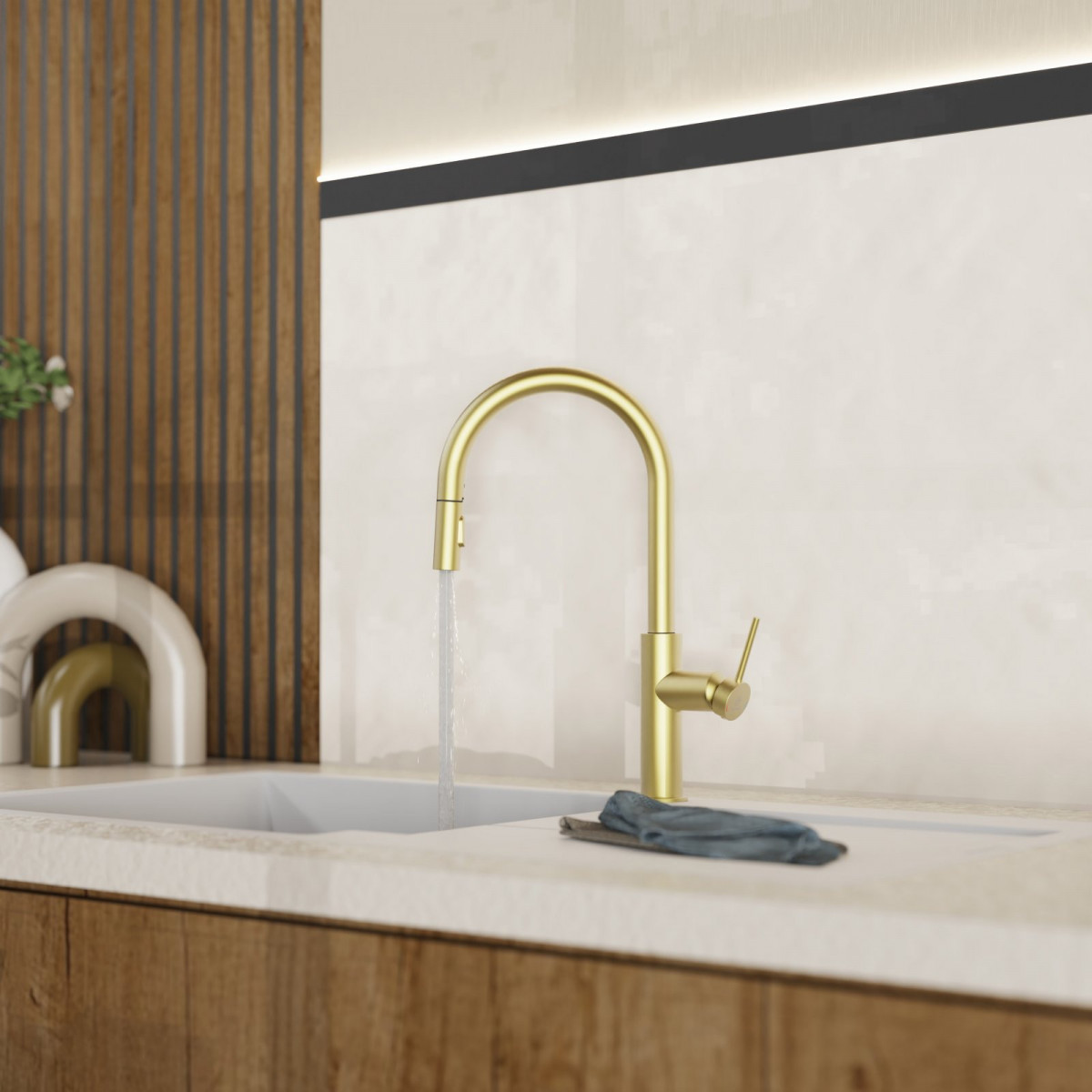 WK 13 Sphere in gold look, Kitchen Faucet with arched spout and pull-down spray