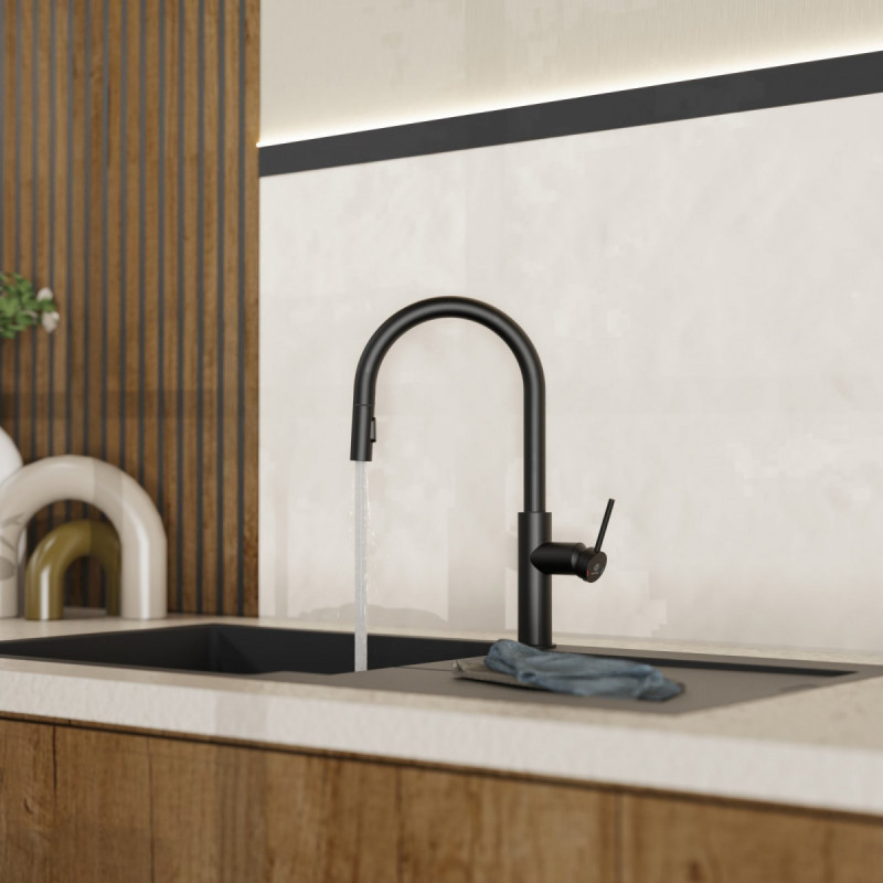 WK 13 Sphere in black, Kitchen Faucet with arched spout and pull-down spray