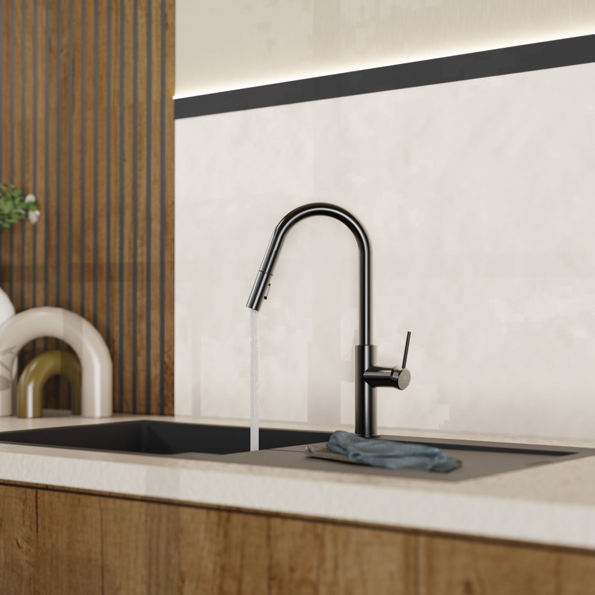 WK 13 Curve in matte graphite, Kitchen Faucet with curved spout and pull-down spray
