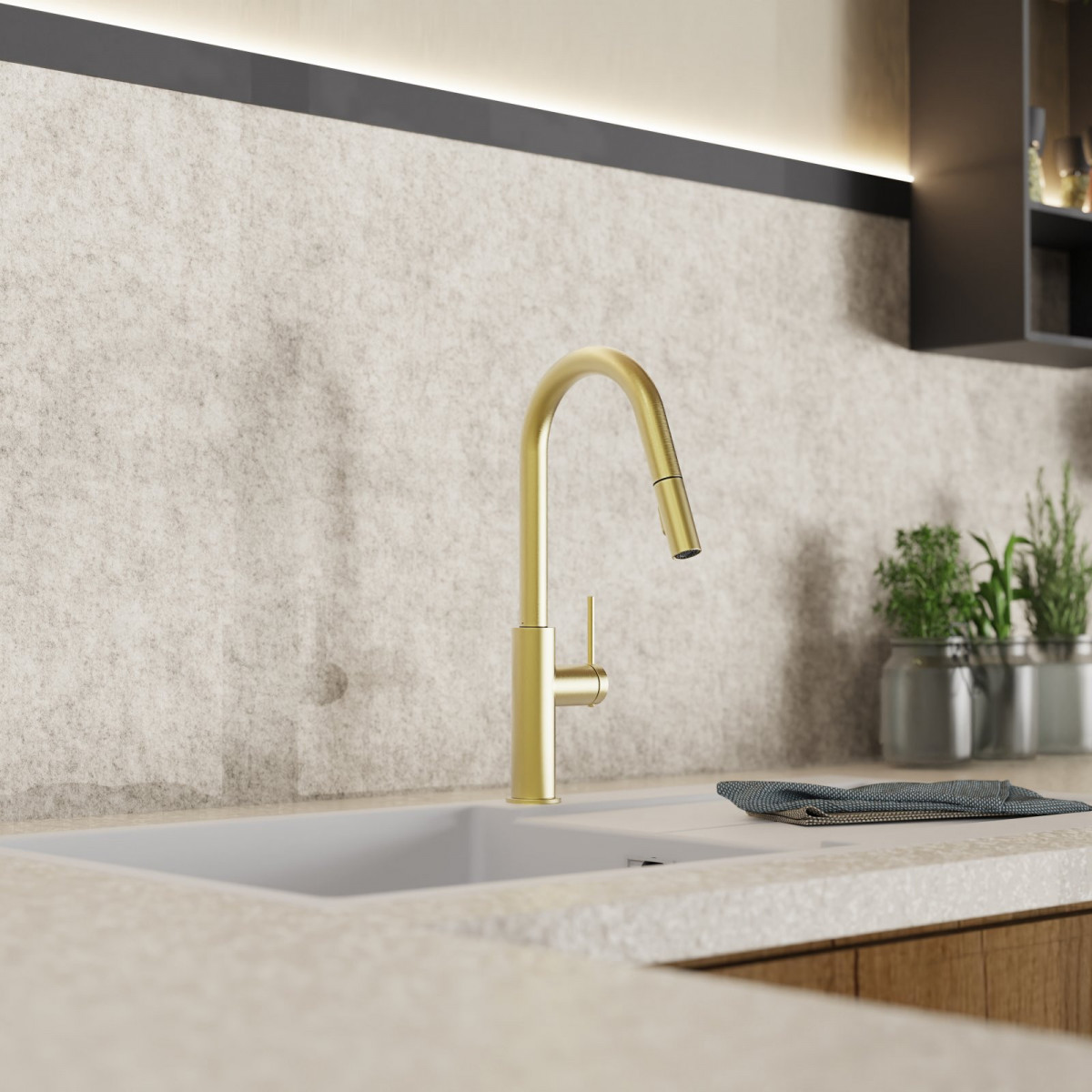 WK 13 Curve in gold look, Kitchen Faucet with curved spout and pull-down spray
