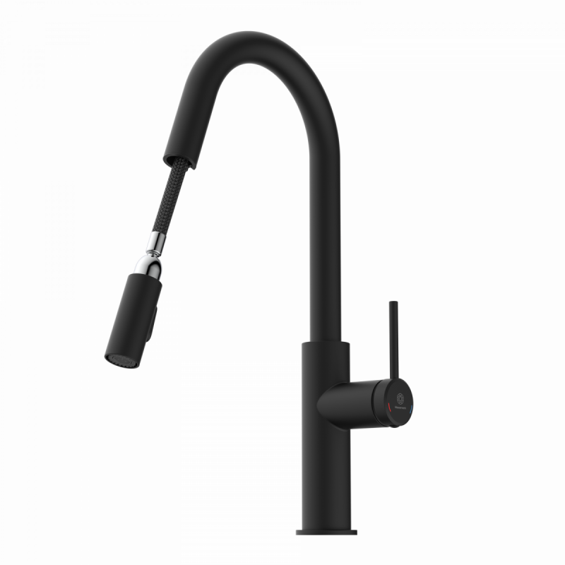 WK 13 Curve en noir, Mitigeur de cuisine avec bec incurvé et douchette