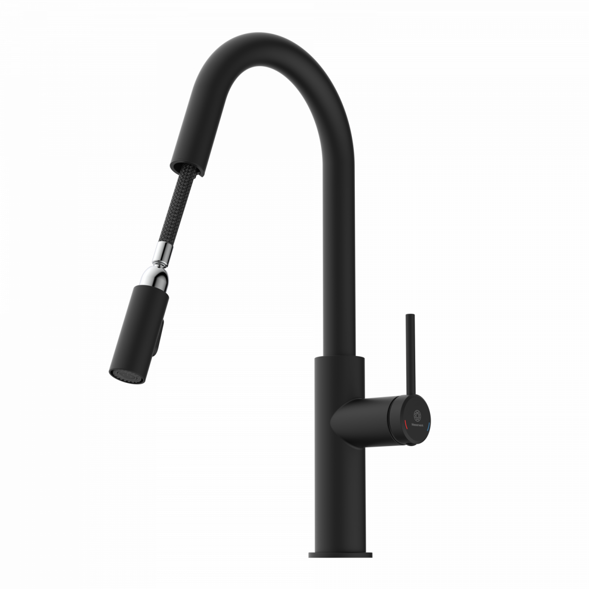 WK 13 Curve in black, Kitchen Faucet with curved spout and pull-down spray