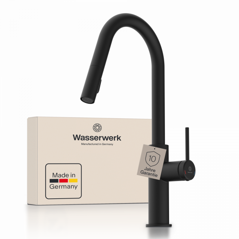 WK 13 Curve in black, Kitchen Faucet with curved spout and pull-down spray