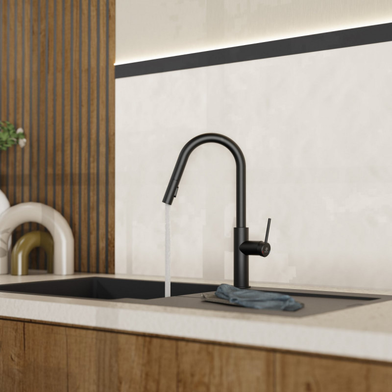 WK 13 Curve in black, Kitchen Faucet with curved spout and pull-down spray
