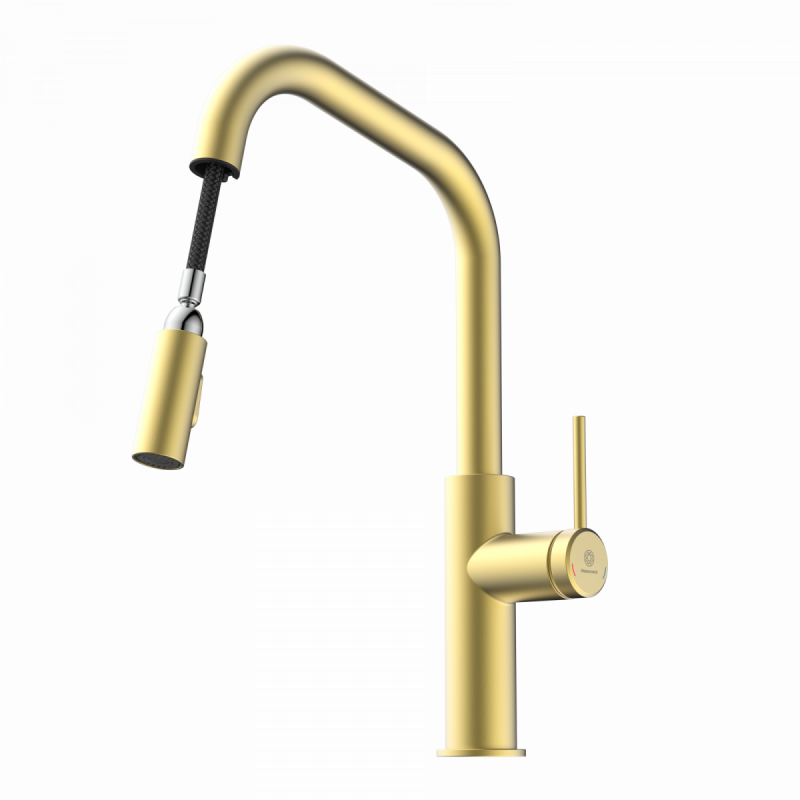 WK 13 Edge in gold look, Kitchen Faucet with edged spout and pull-down spray