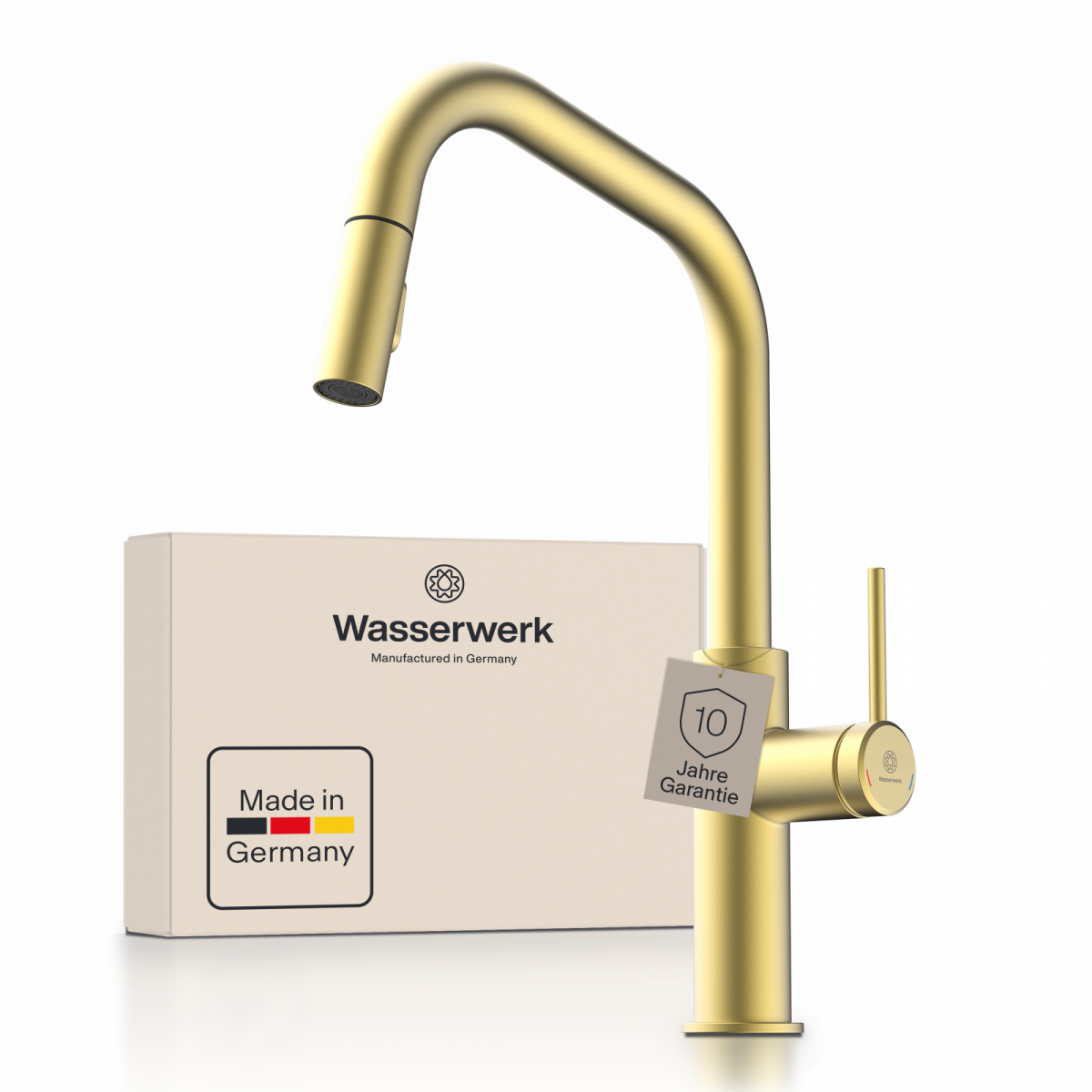 WK 13 Edge in gold look, Kitchen Faucet with edged spout and pull-down spray