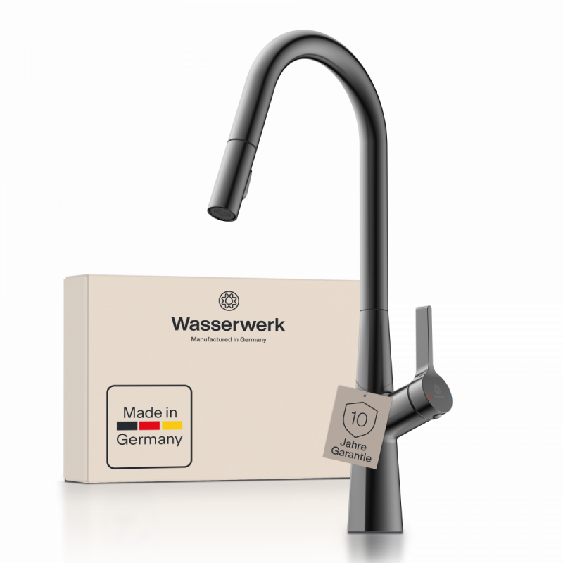 WK 9 Curve in matte graphite, Kitchen Faucet with curved spout and pull-down spray