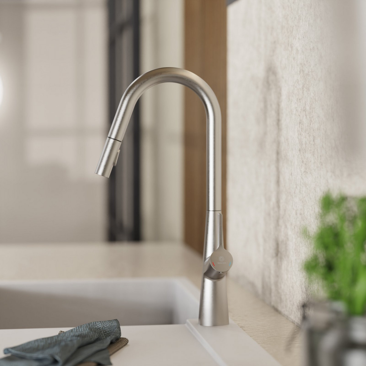 WK 9 Curve in stainless steel look, Kitchen Faucet with curved spout and pull-down spray