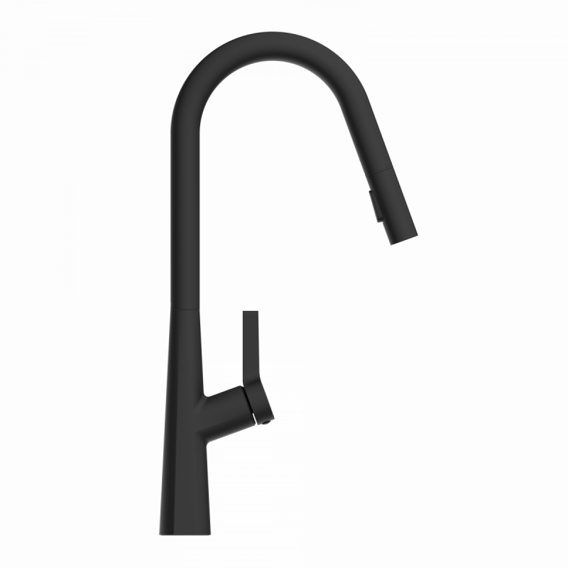 WK 9 Curve in black, Kitchen Faucet with curved spout and pull-down spray