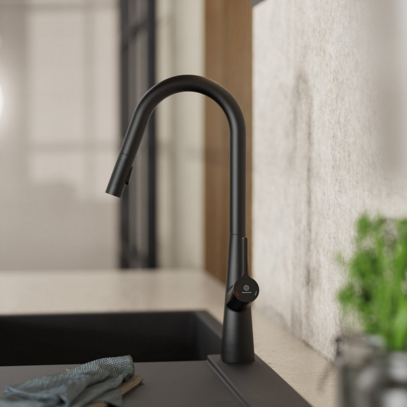 WK 9 Curve in black, Kitchen Faucet with curved spout and pull-down spray