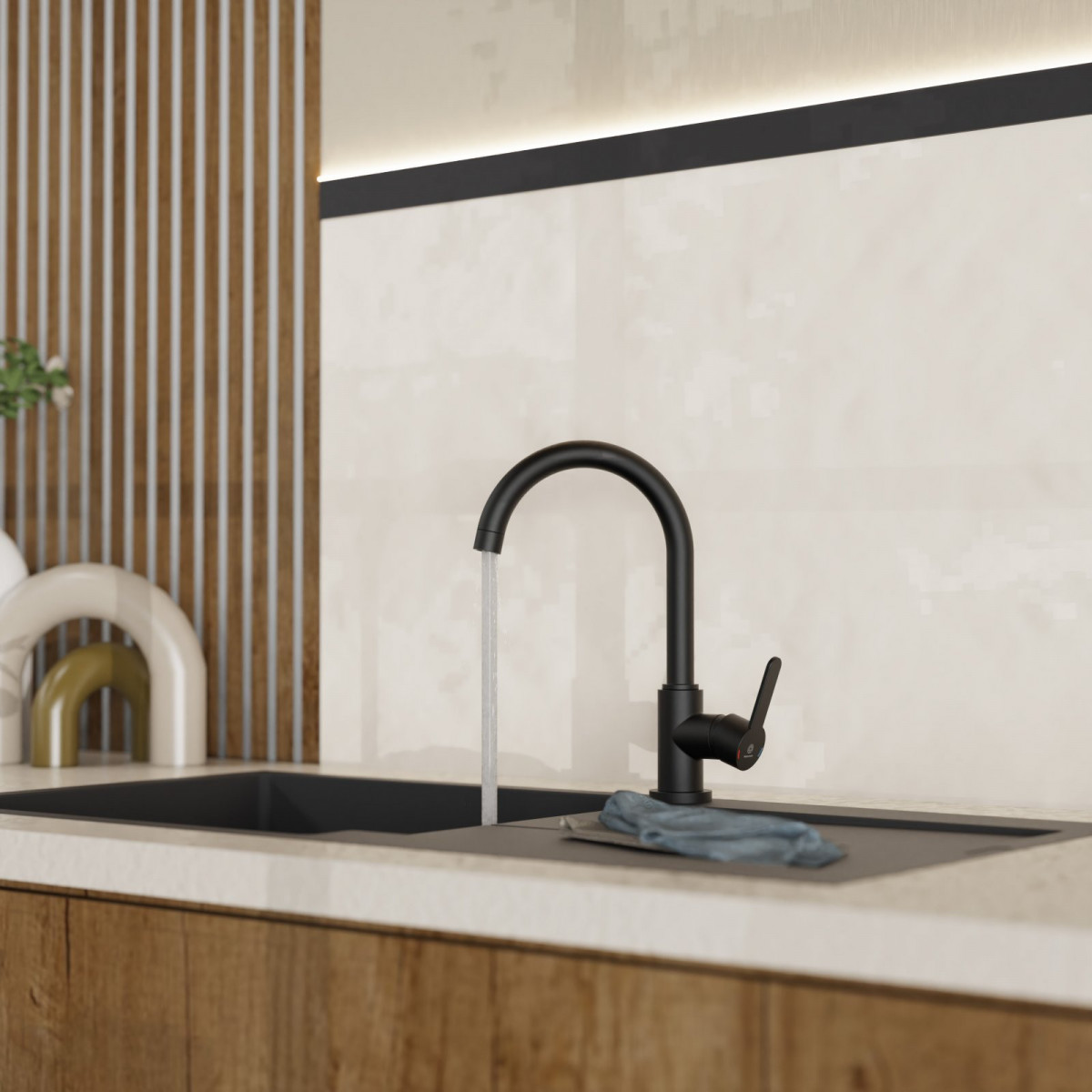 WK 5 in black, Kitchen Faucet with classic curved spout