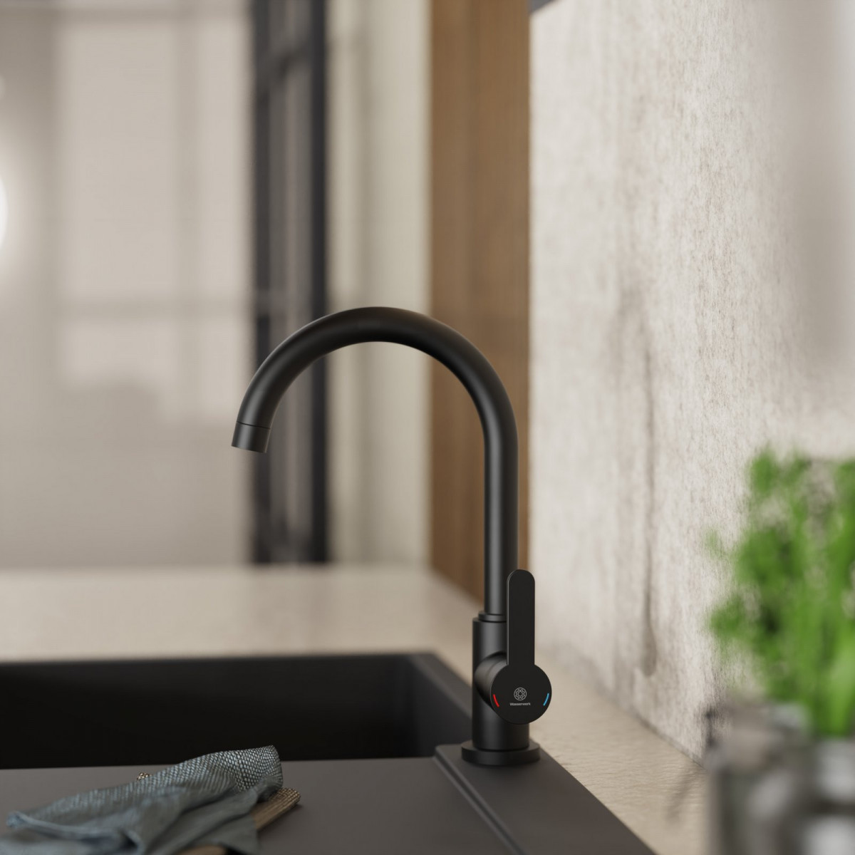 WK 5 in black, Kitchen Faucet with classic curved spout