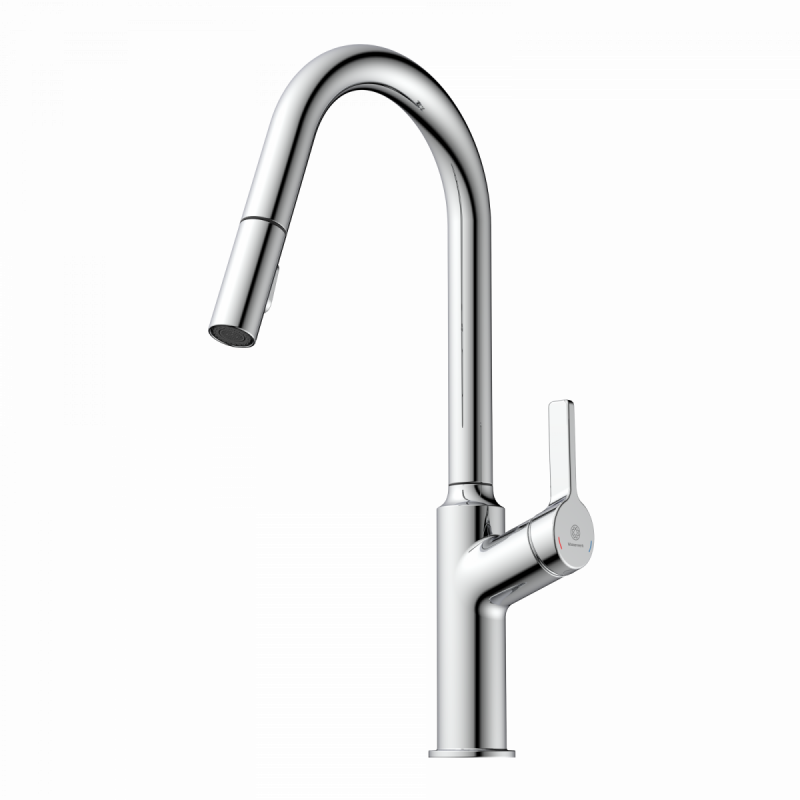 WK 12 in chrome, Kitchen Faucet with curved spout and pull-down spray