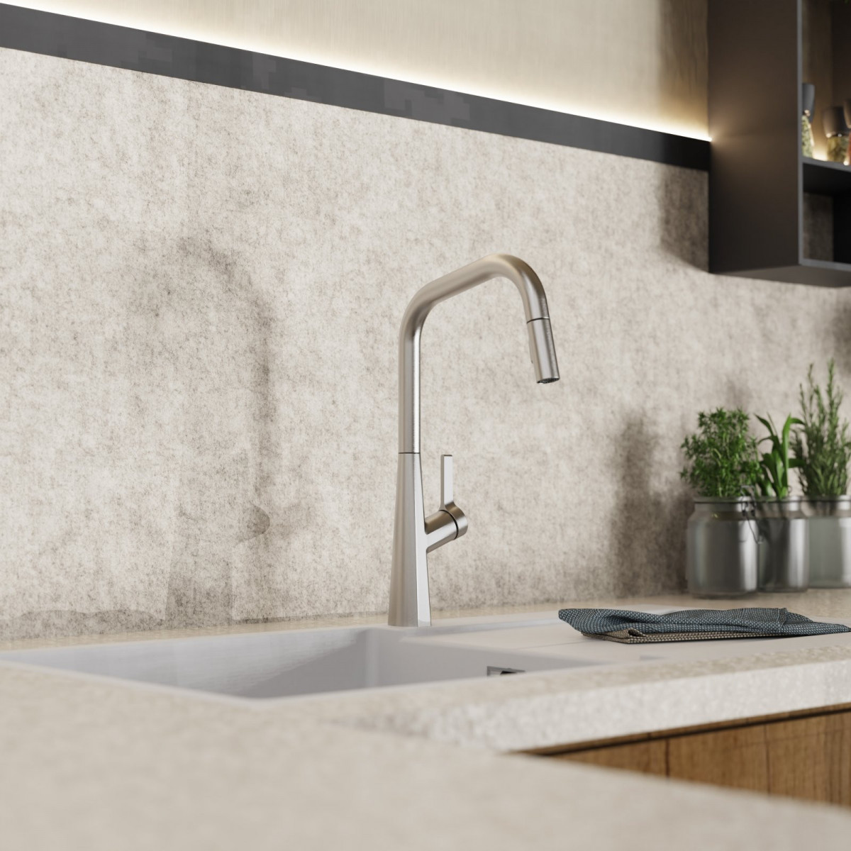 WK 9 Edge in stainless steel look, Kitchen Faucet with edged spout and pull-down spray