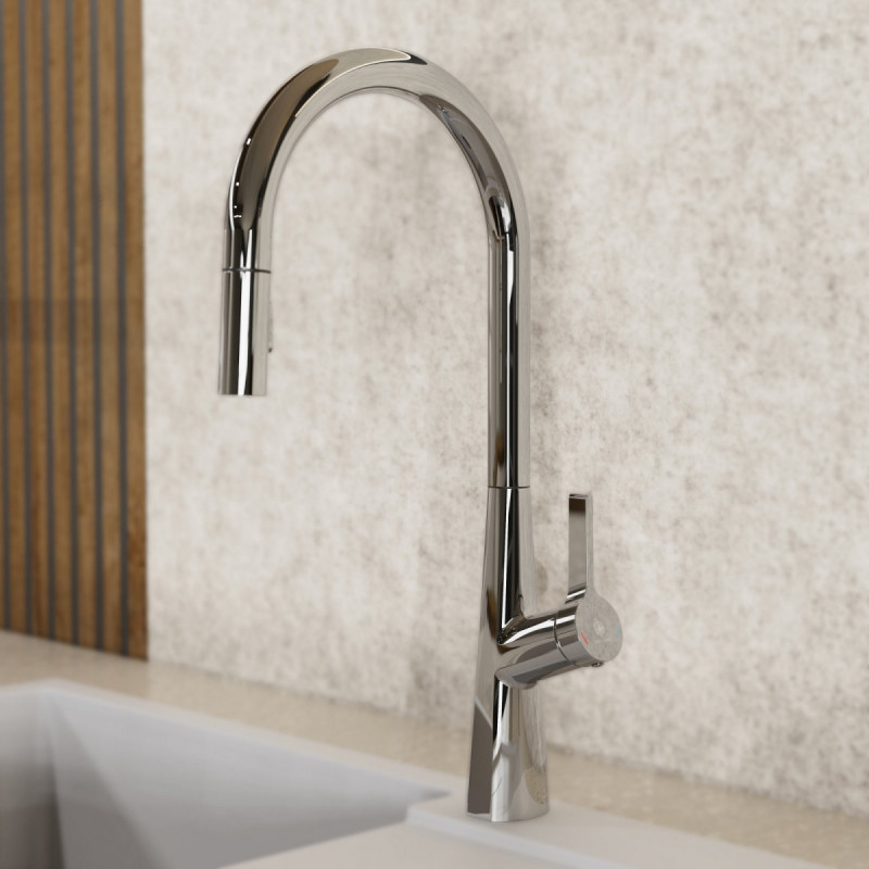WK 9 Sphere in chrome, Kitchen Faucet with arched spout and pull-out spray