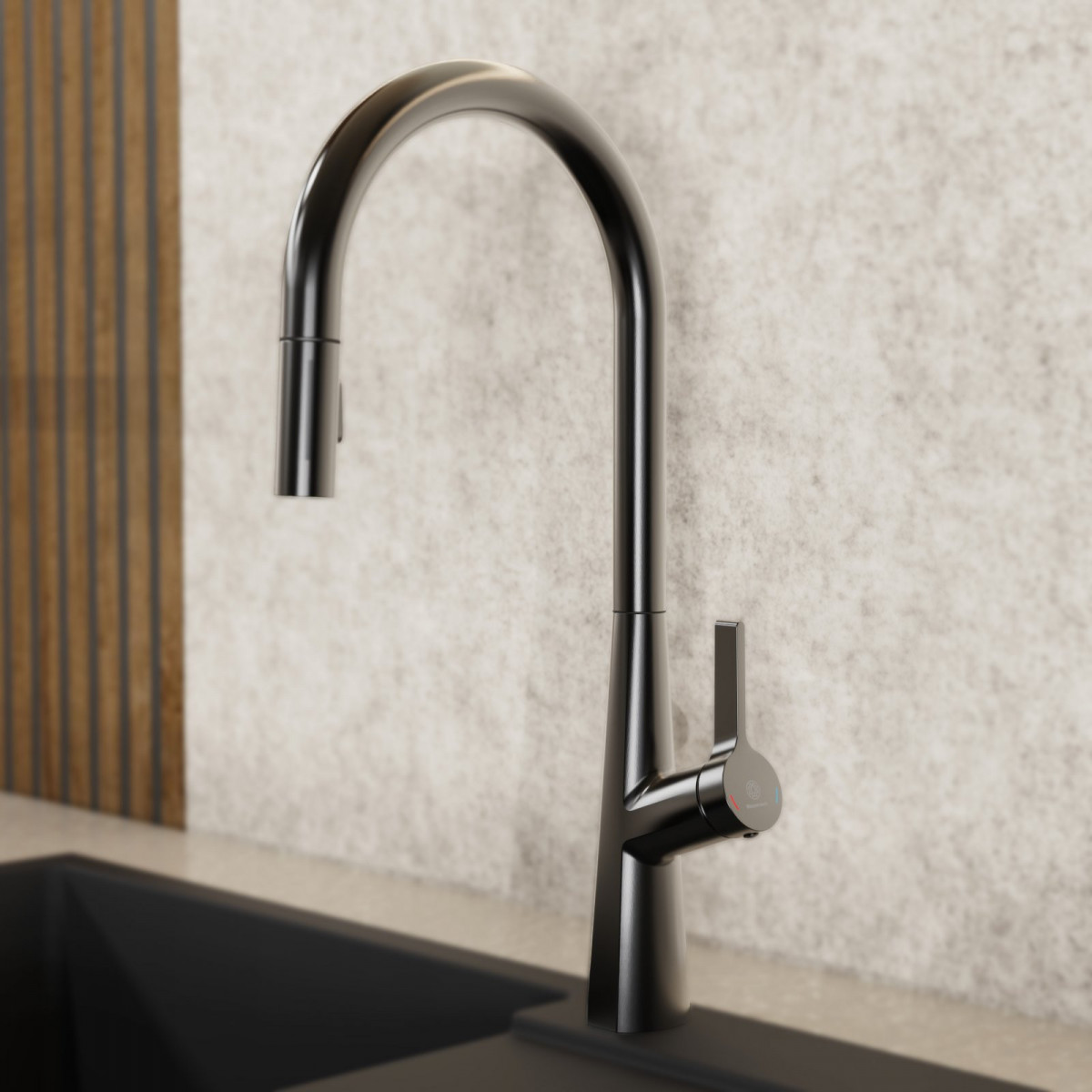 WK 9 Sphere in matte graphite, Kitchen Faucet with arched spout and pull-out spray